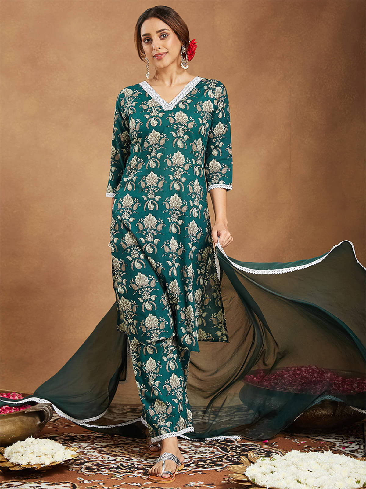 Janasya Women Cotton Printed Straight Kurti With Pants ( Green ) Janasya Women Cotton Printed Straight Kurti With Pants ( Green )