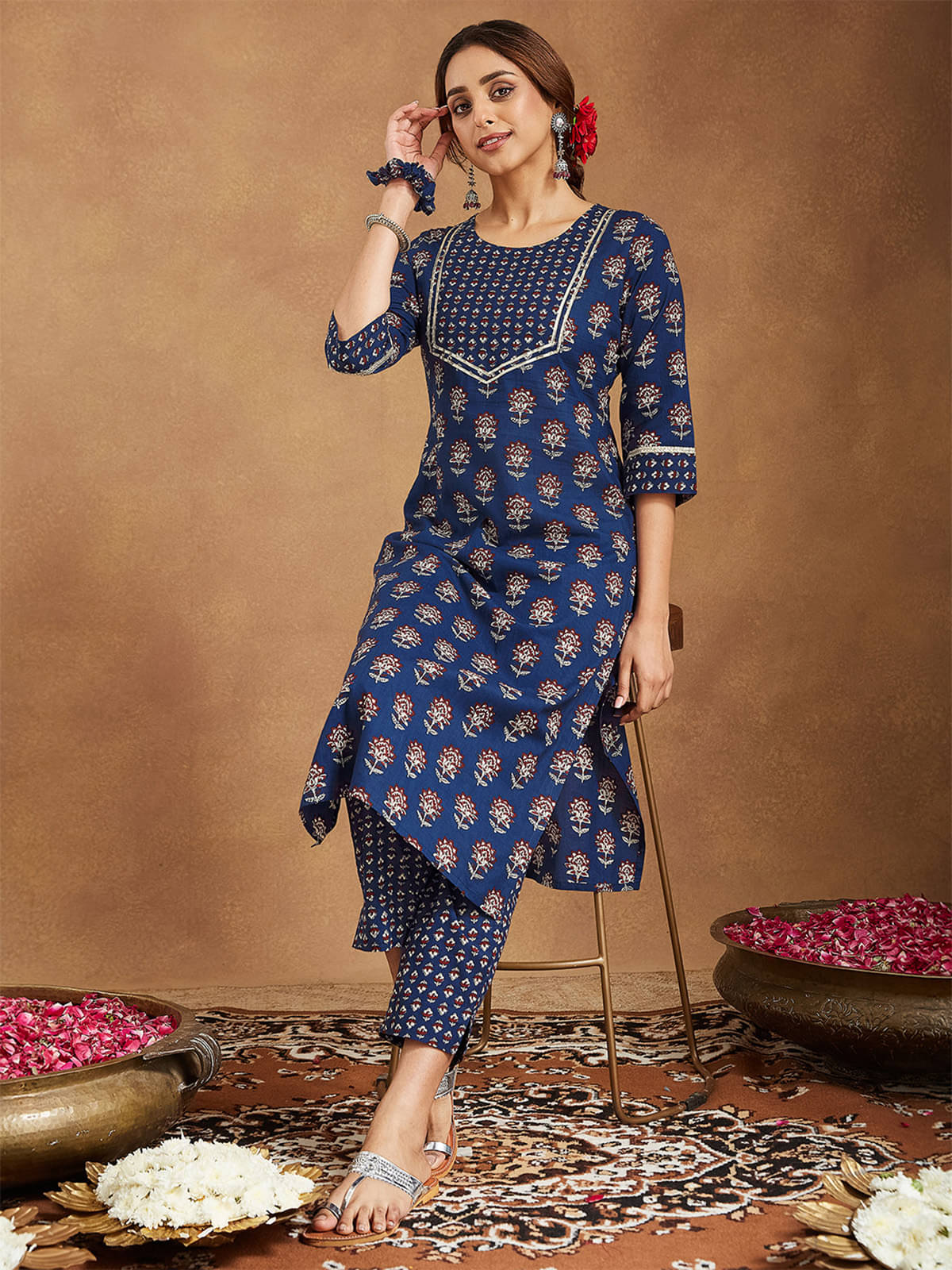 Janasya Women Cotton Printed Straight Kurti With Pants ( Dark Blue ) Janasya Women Cotton Printed Straight Kurti With Pants ( Dark Blue )