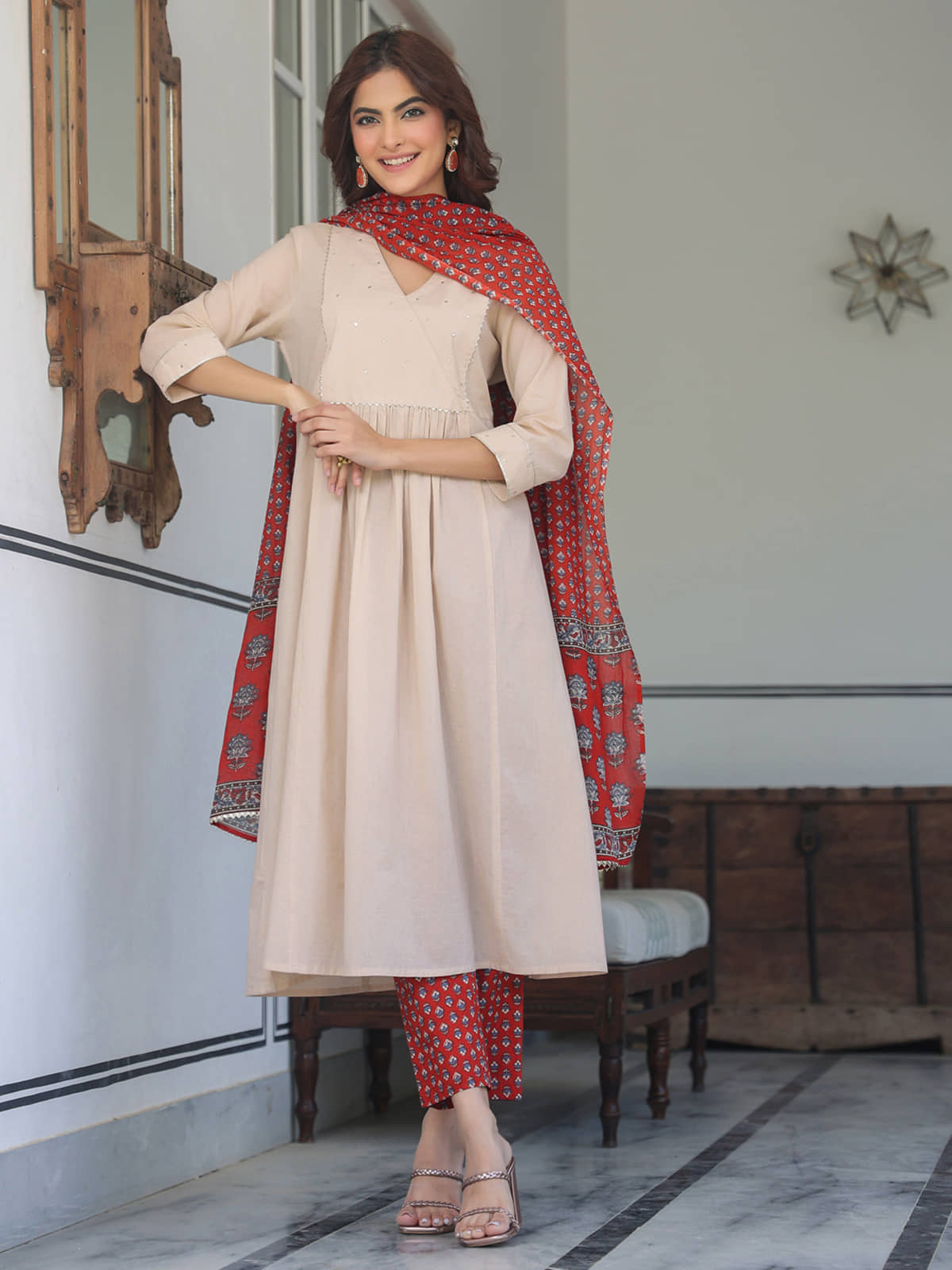 Janasya Women Cotton Solid A-line Kurti With Pants ( Beige )