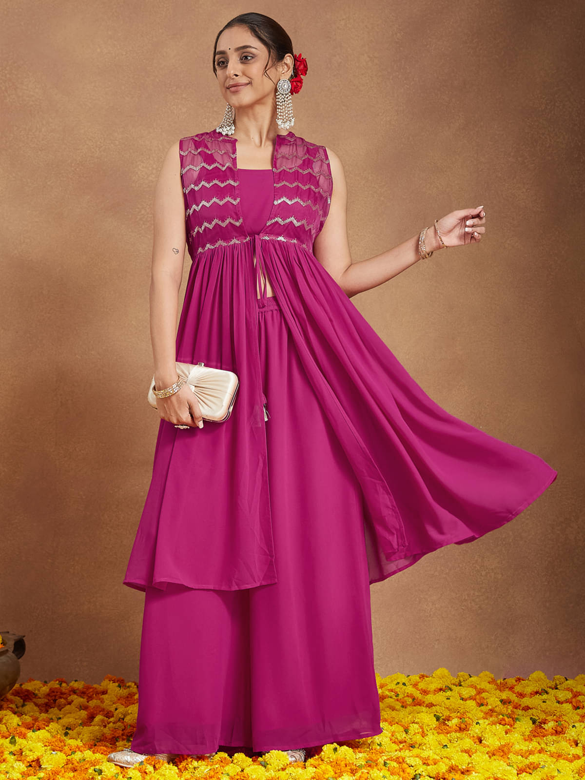 Janasya Women Georgette Embellished A-line Kurti With Pants ( Pink ) Janasya Women Georgette Embellished A-line Kurti With Pants ( Pink )