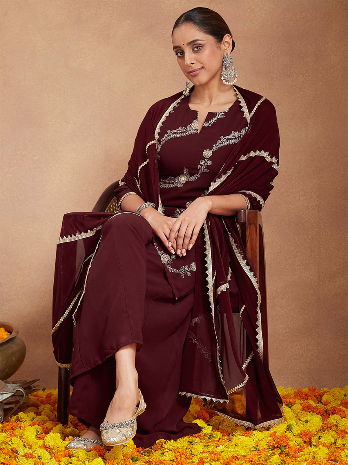 Janasya Women Georgette Embroidered Straight Kurti With Pants ( Maroon ) Janasya Women Georgette Embroidered Straight Kurti With Pants ( Maroon )