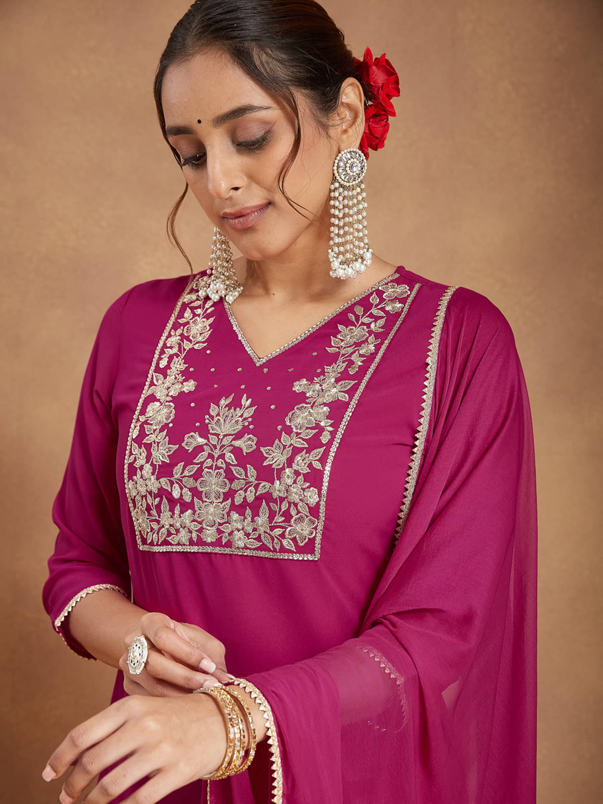     			Janasya Women Georgette Embroidered Straight Kurti With Pants ( Pink )