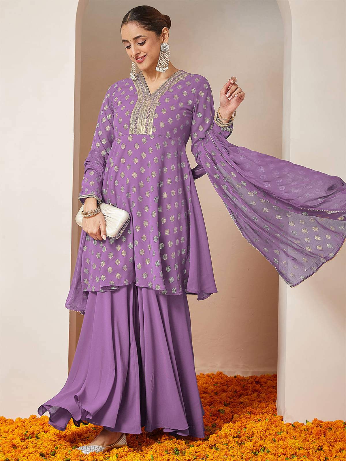 Janasya Women Georgette Printed A-line Kurti With Pants ( Purple )     			Janasya Women Georgette Printed A-line Kurti With Pants ( Purple )