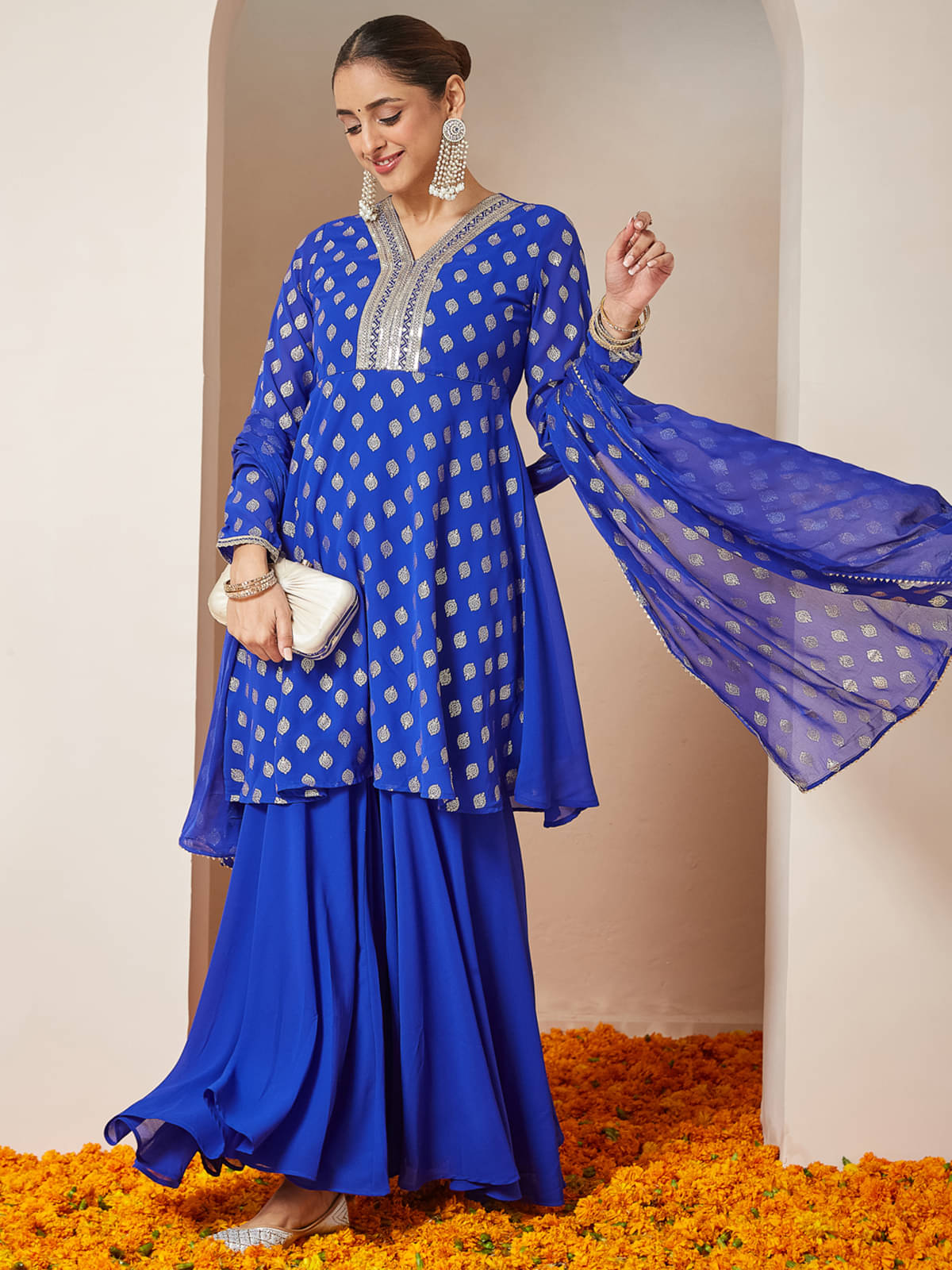 Janasya Women Georgette Printed A-line Kurti With Pants ( Blue )     			Janasya Women Georgette Printed A-line Kurti With Pants ( Blue )