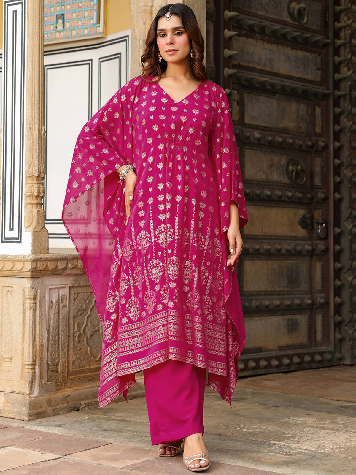     			Janasya Women Georgette Printed Kaftan Kurti With Pants ( Pink )