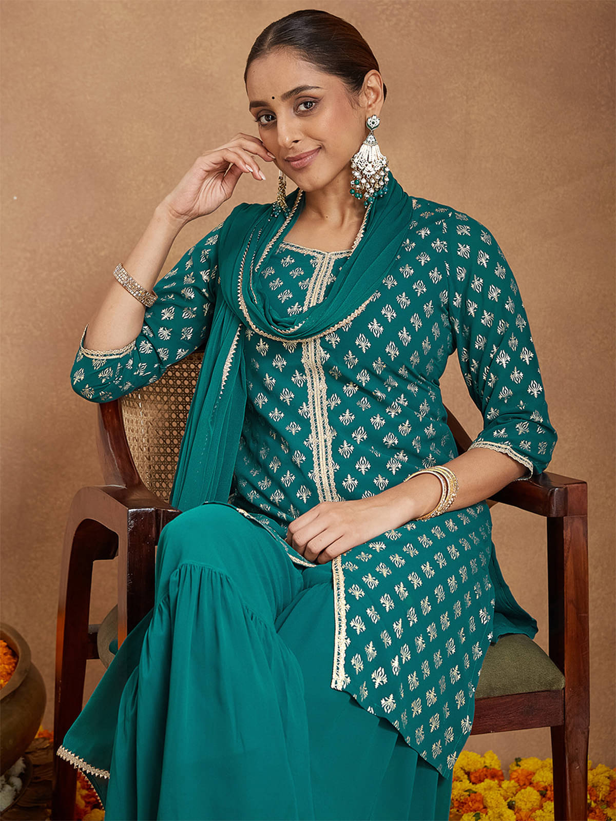 Janasya Women Georgette Printed Straight Kurti With Pants ( Teal ) Janasya Women Georgette Printed Straight Kurti With Pants ( Teal )