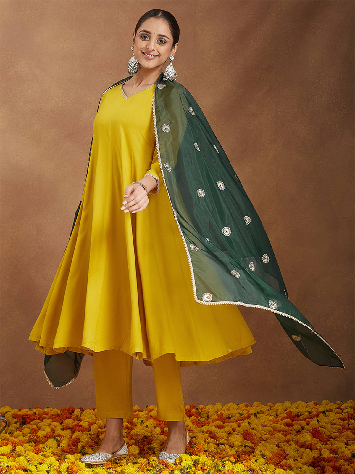 Janasya Women Rayon Embellished Anarkali Kurti With Pants ( Mustard )     			Janasya Women Rayon Embellished Anarkali Kurti With Pants ( Mustard )