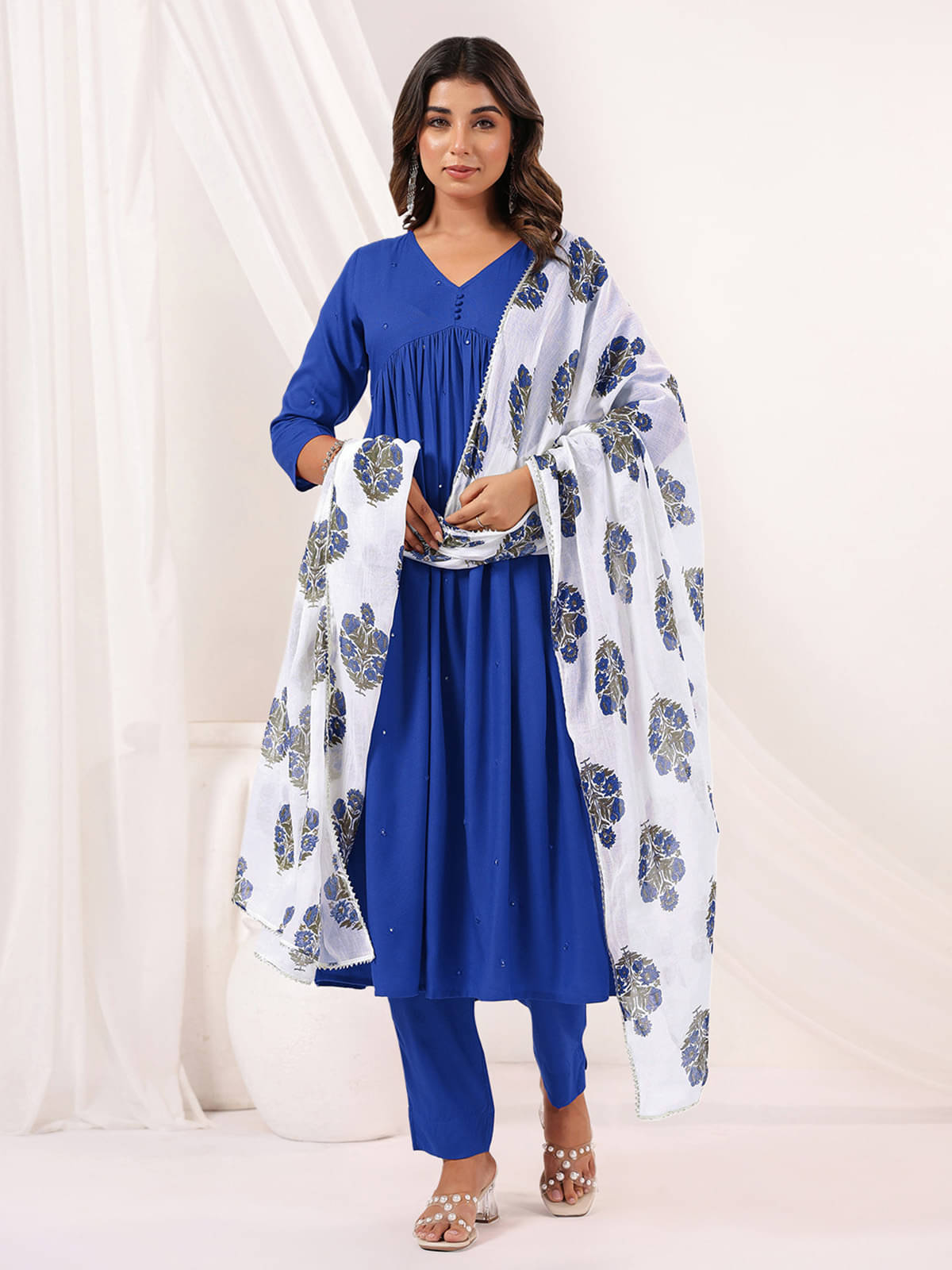 Janasya Women Rayon Embroidered A-line Kurti With Pants ( Blue ) Janasya Women Rayon Embroidered A-line Kurti With Pants ( Blue )