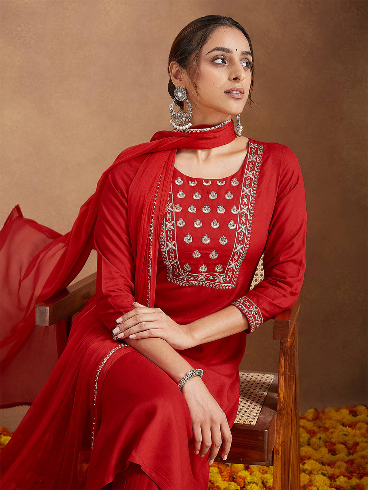 Janasya Women Rayon Embroidered Straight Kurti With Pants ( Red ) Janasya Women Rayon Embroidered Straight Kurti With Pants ( Red )
