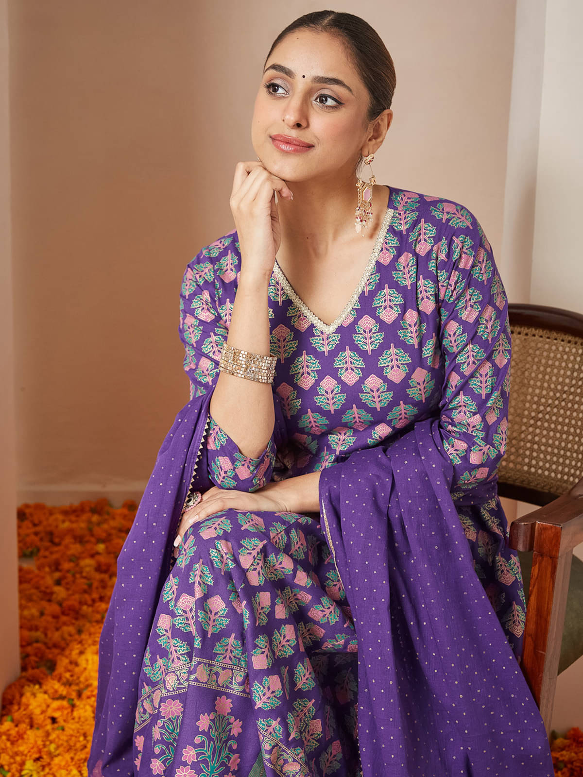     			Janasya Women Rayon Printed Anarkali Kurti With Pants ( Purple )