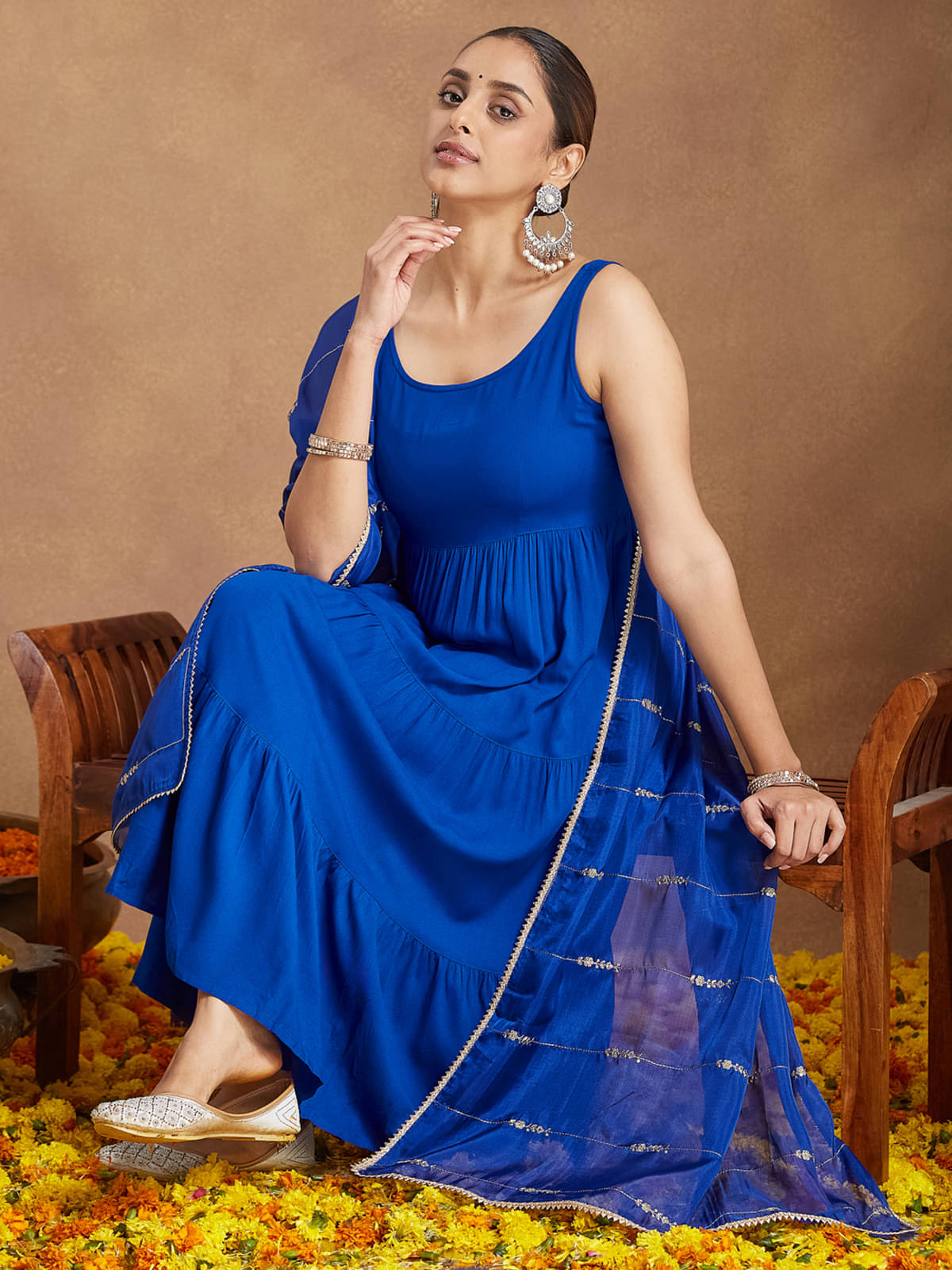     			Janasya Women Rayon Solid A-line Kurti With Pants ( Blue )