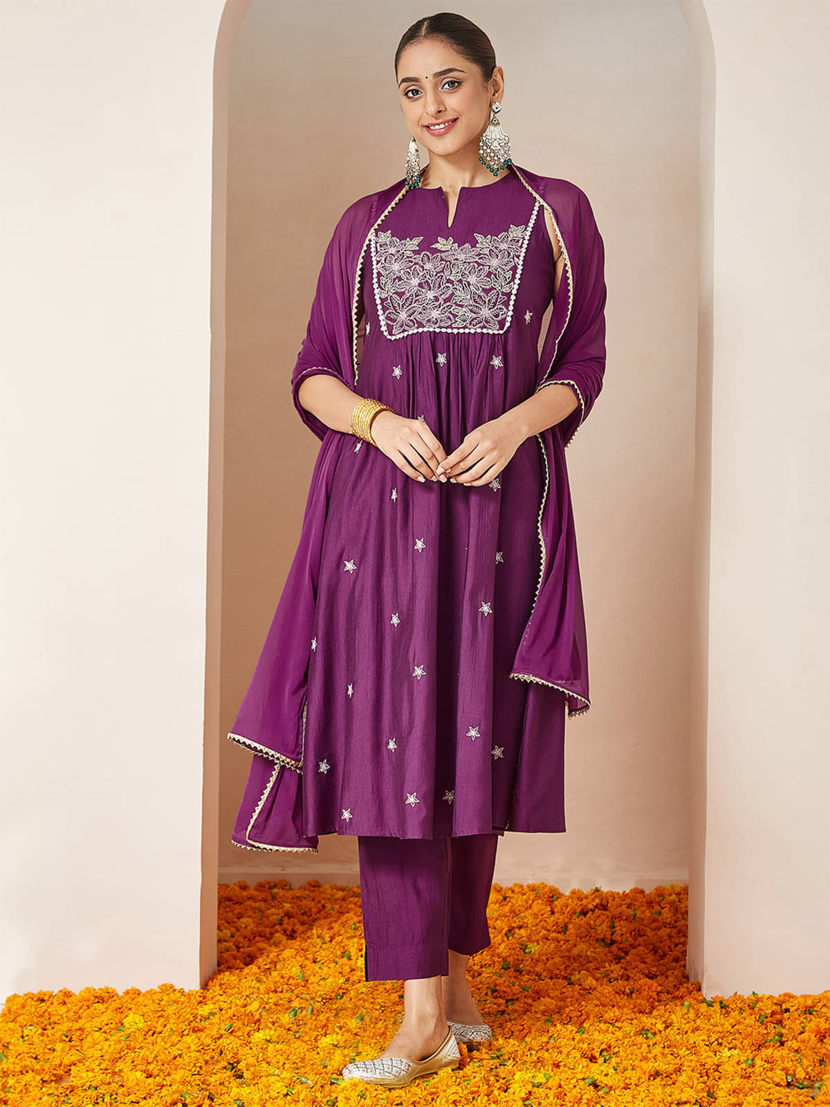     			Janasya Women Silk Blend Embroidered A-line Kurti With Pants ( Purple )