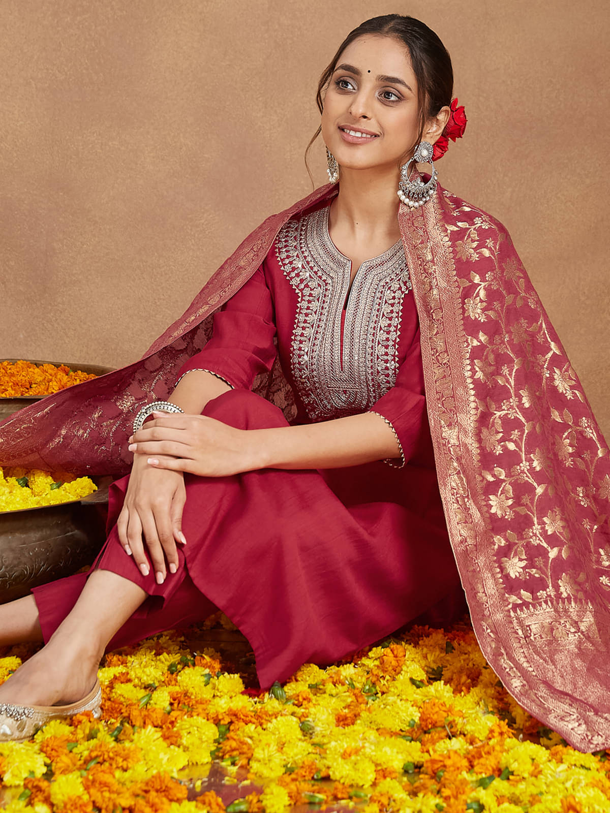 Janasya Women Silk Blend Embroidered Straight Kurti With Pants ( Maroon ) Janasya Women Silk Blend Embroidered Straight Kurti With Pants ( Maroon )