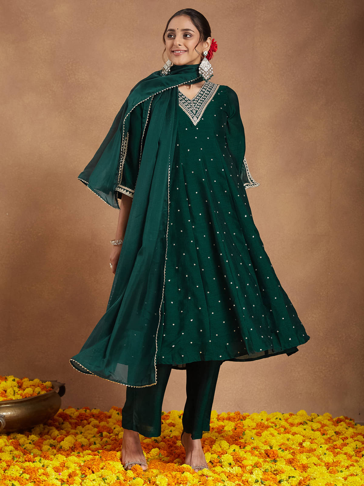 Janasya Women Silk Blend Embroidered Anarkali Kurti With Pants ( Green ) Janasya Women Silk Blend Embroidered Anarkali Kurti With Pants ( Green )