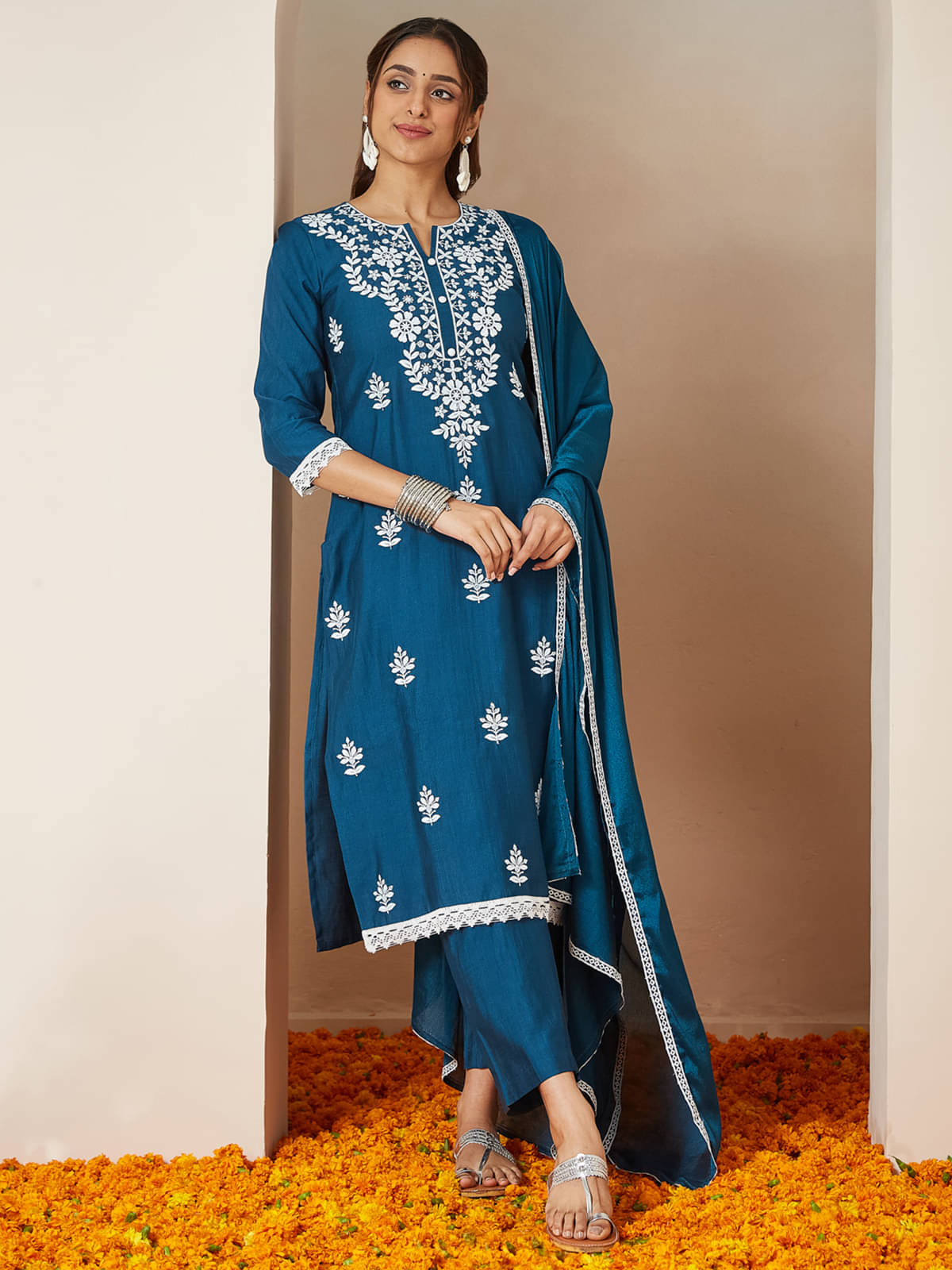 Janasya Women Silk Blend Embroidered Straight Kurti With Pants ( Teal ) Janasya Women Silk Blend Embroidered Straight Kurti With Pants ( Teal )