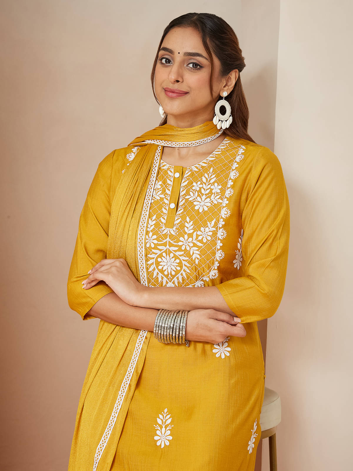 Janasya Women Silk Blend Embroidered Straight Kurti With Pants ( Mustard ) Janasya Women Silk Blend Embroidered Straight Kurti With Pants ( Mustard )