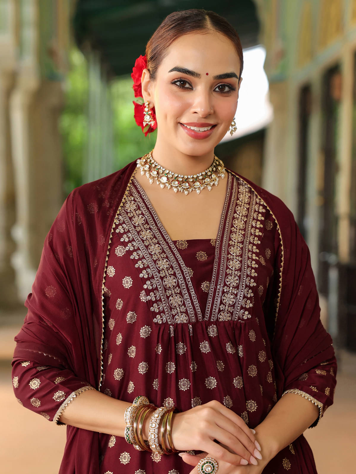 Janasya Women Silk Blend Printed A-line Kurti With Pants ( Maroon )     			Janasya Women Silk Blend Printed A-line Kurti With Pants ( Maroon )