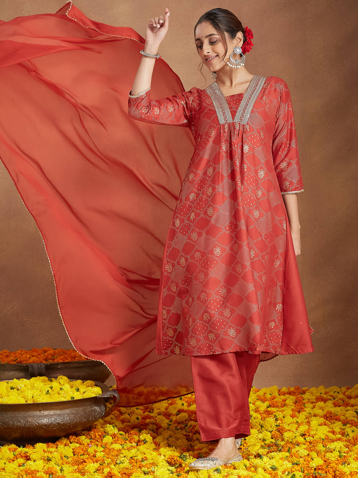 Janasya Women Silk Blend Printed A-line Kurti With Pants ( Rust ) Janasya Women Silk Blend Printed A-line Kurti With Pants ( Rust )