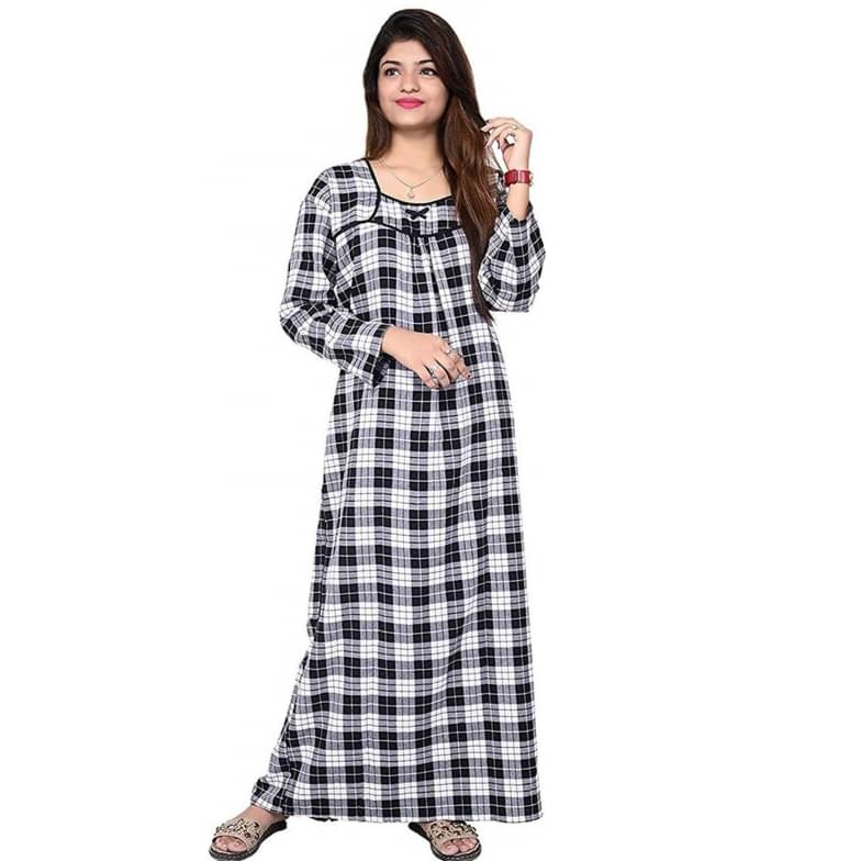     			MAHAMAYA FABRICS & FASHION Woollen Checked Women Regular Nighty ( Black )