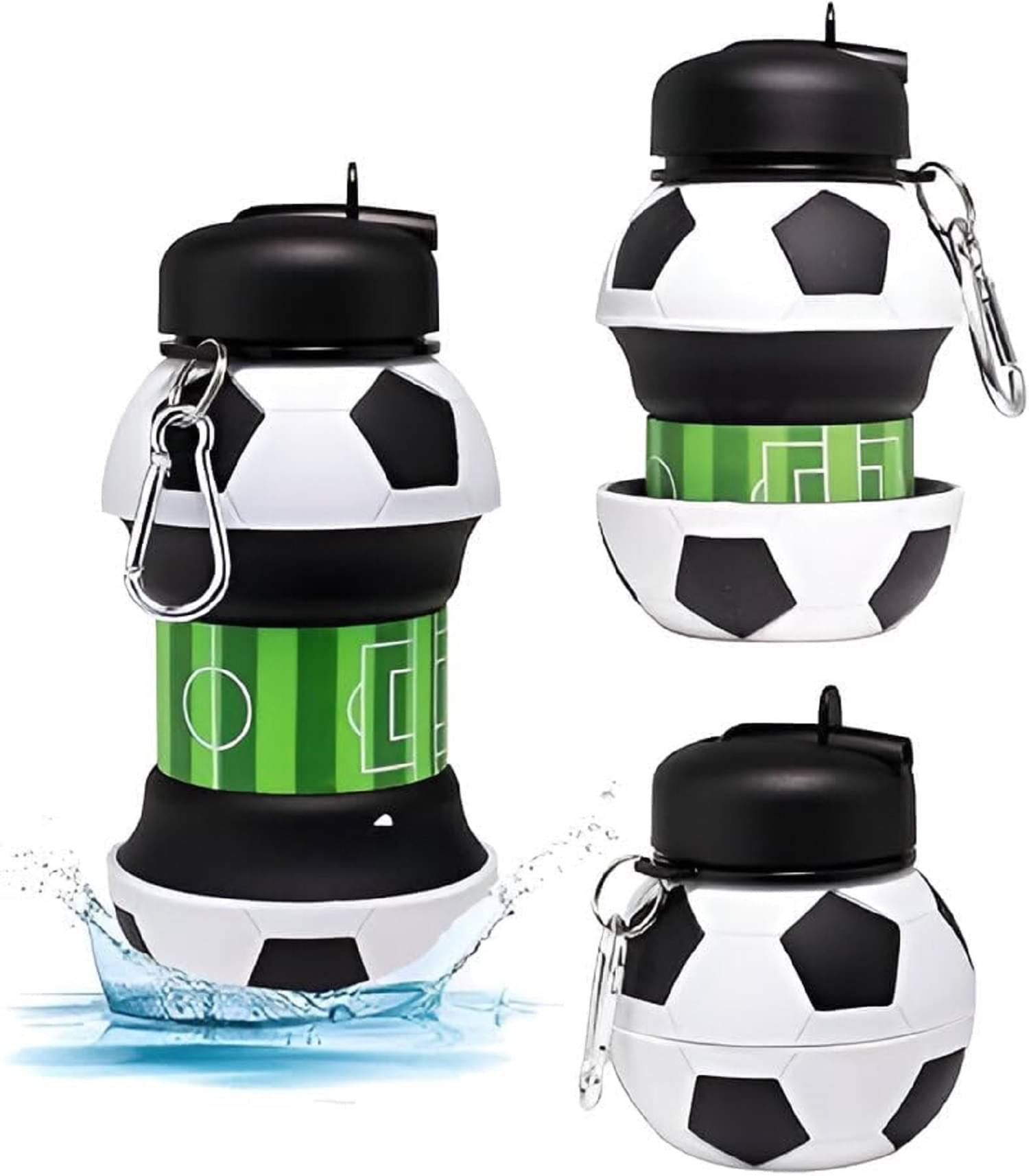     			Multi-sport themed silicone bottle with folding design, basketball, tennis, football shapes, perfect for kids, teens, men and women, leak-proof lid, BPA-free, reusable, durable, ideal for fitness, gym, hiking, Christmas and birthday gifts