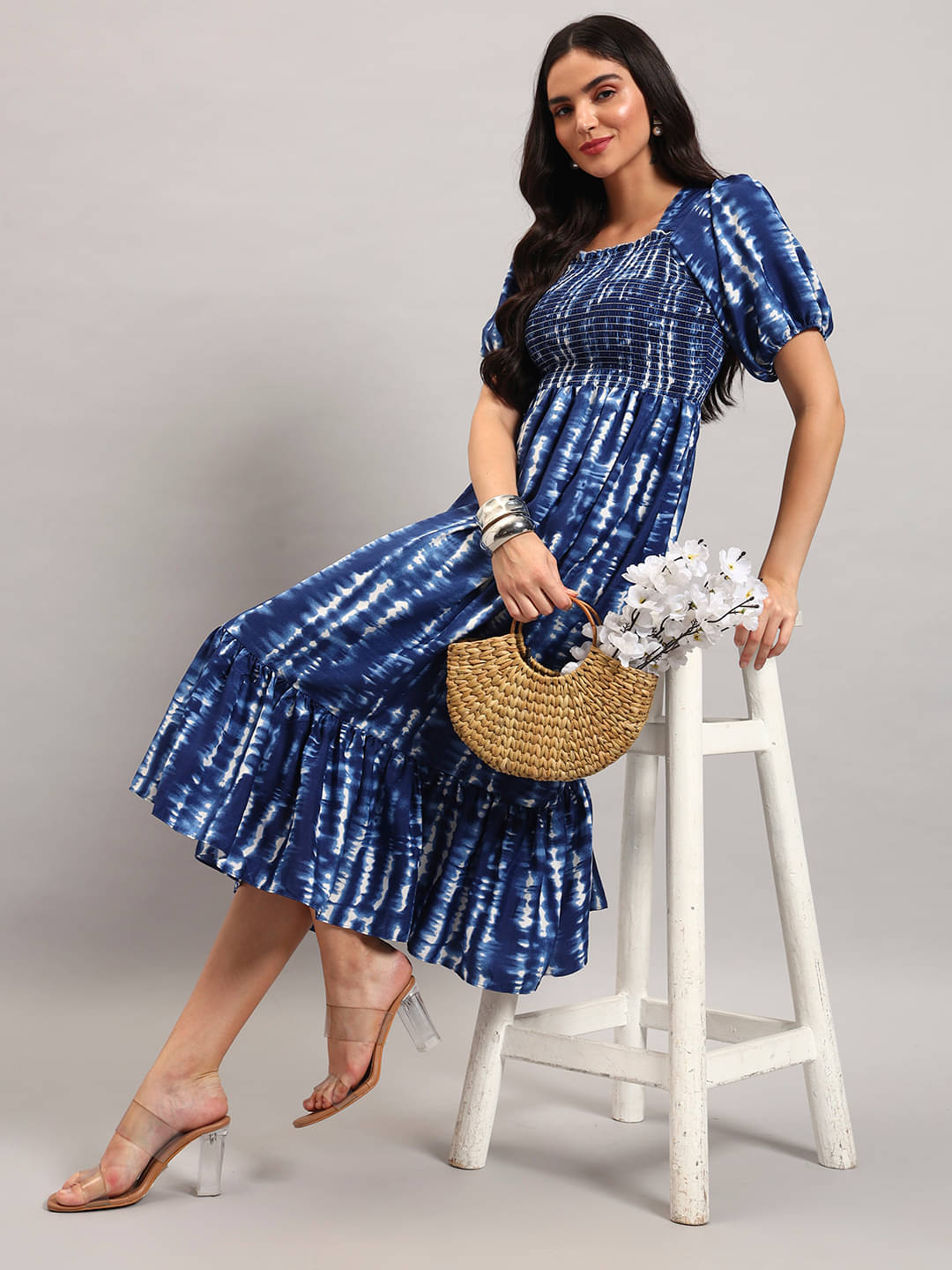 RAIYANI FASHION Women Crepe Printed Fit & Flare Dress ( Blue ) RAIYANI FASHION Women Crepe Printed Fit & Flare Dress ( Blue )