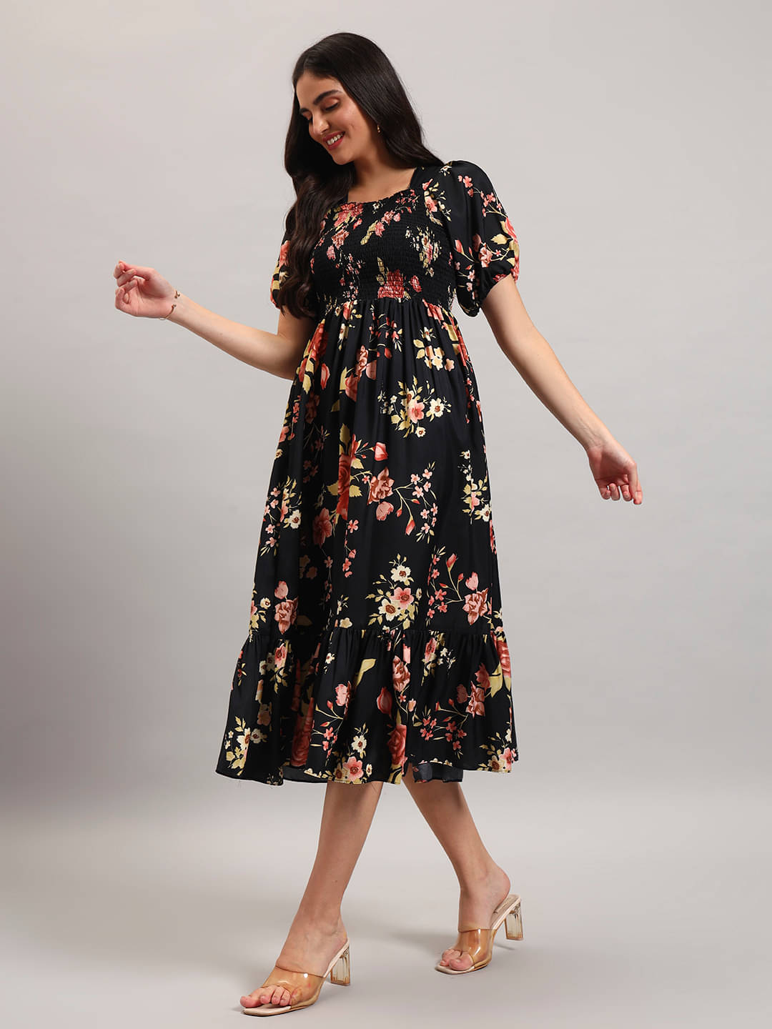 RAIYANI FASHION Women Crepe Printed Fit & Flare Dress ( Gold ) RAIYANI FASHION Women Crepe Printed Fit & Flare Dress ( Gold )