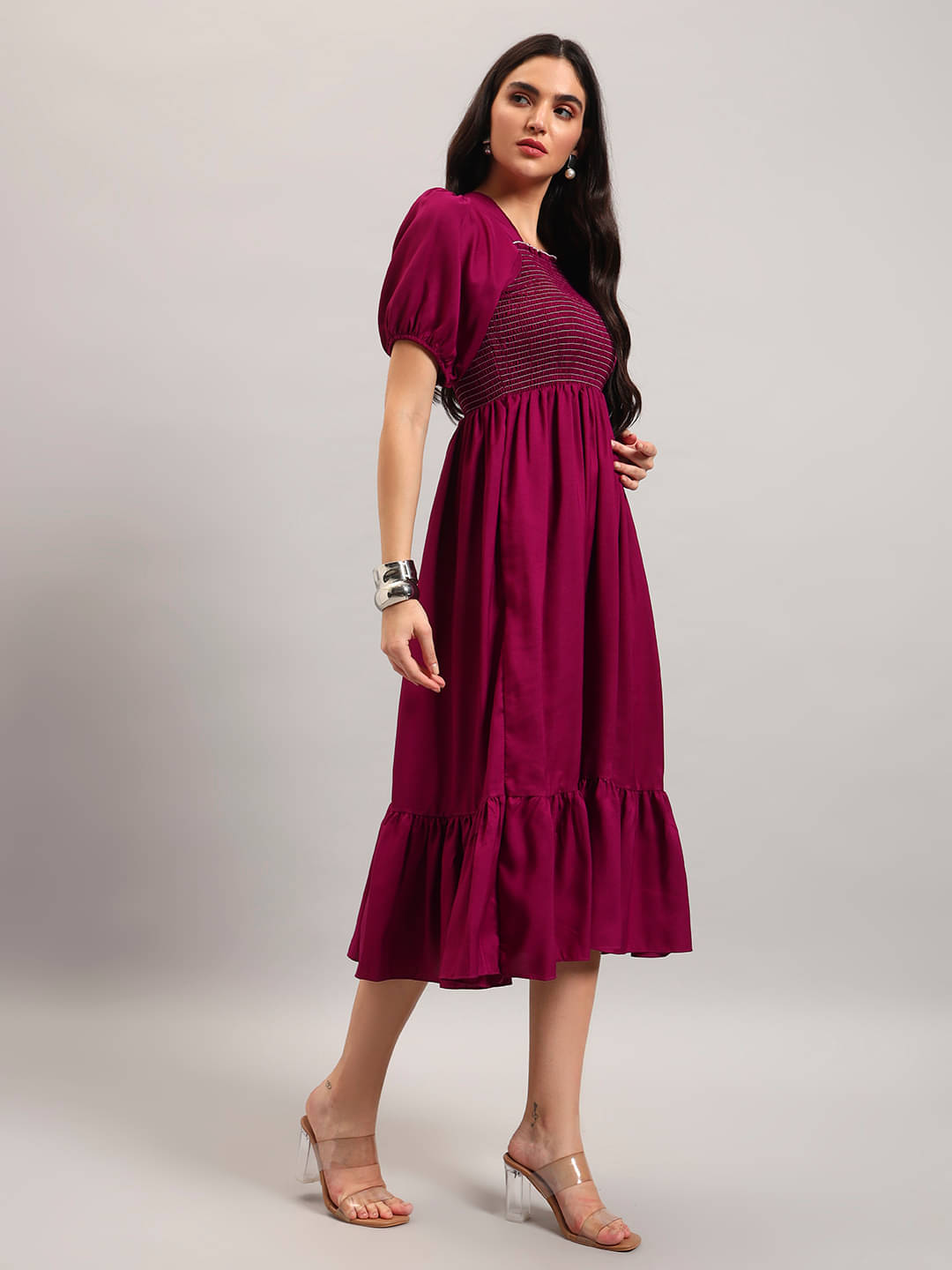 RAIYANI FASHION Women Crepe Solid Fit & Flare Dress ( Wine ) RAIYANI FASHION Women Crepe Solid Fit & Flare Dress ( Wine )