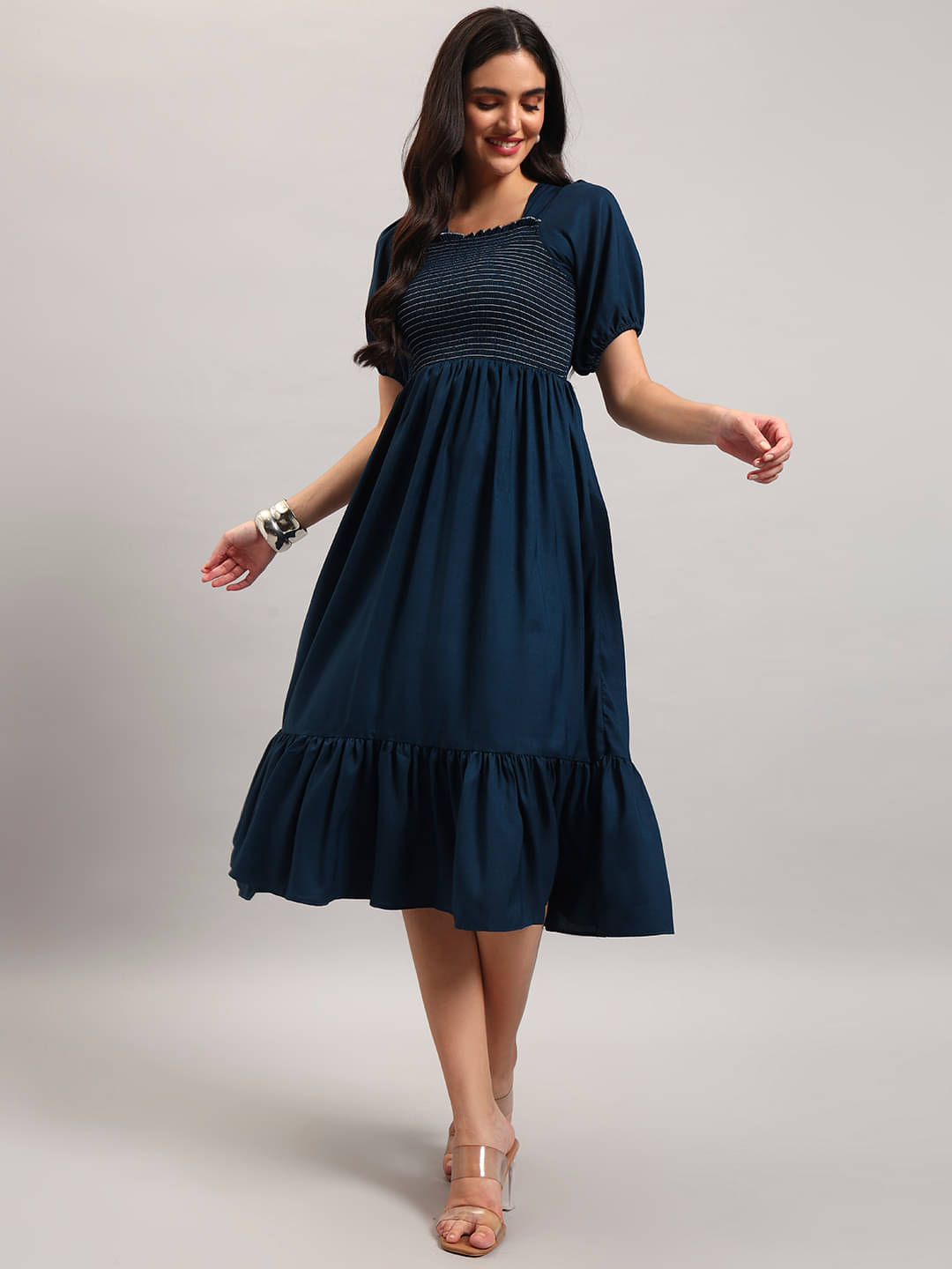 RAIYANI FASHION Women Crepe Solid Fit & Flare Dress ( Blue ) RAIYANI FASHION Women Crepe Solid Fit & Flare Dress ( Blue )