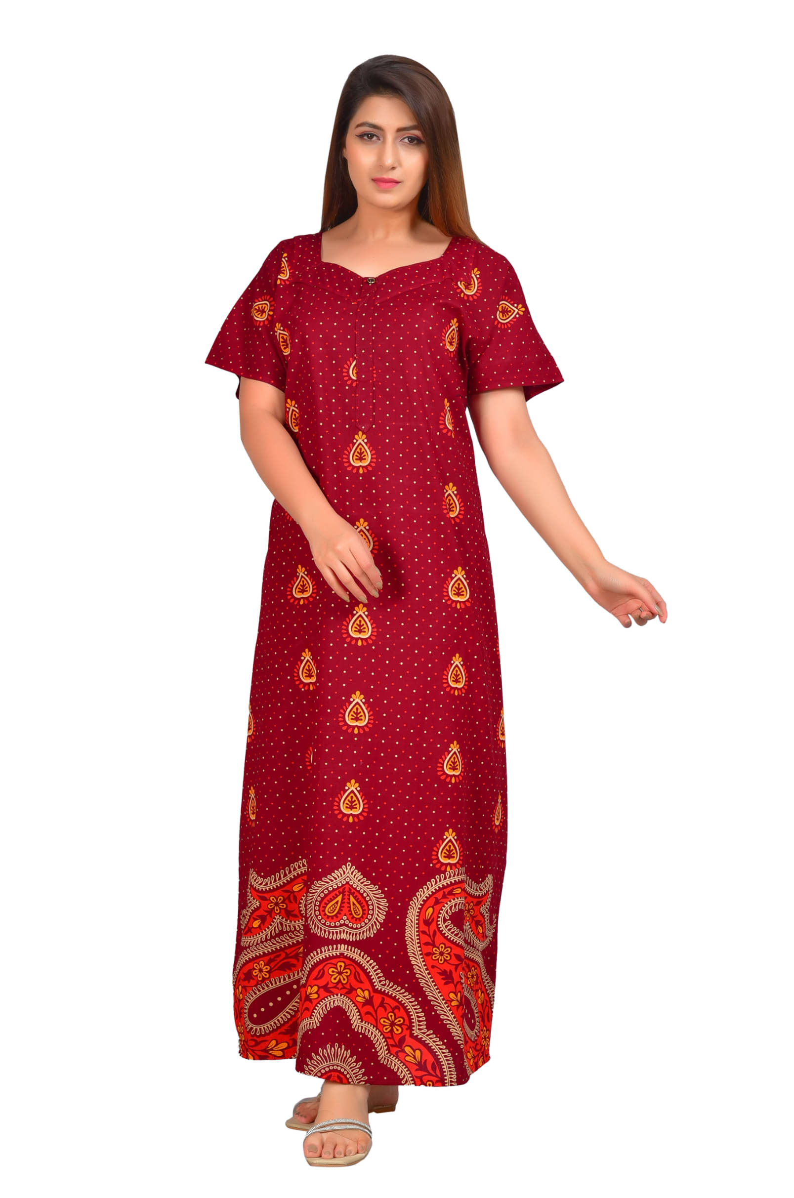     			Red Flamingo Cotton Printed Women Regular Nighty ( Maroon )