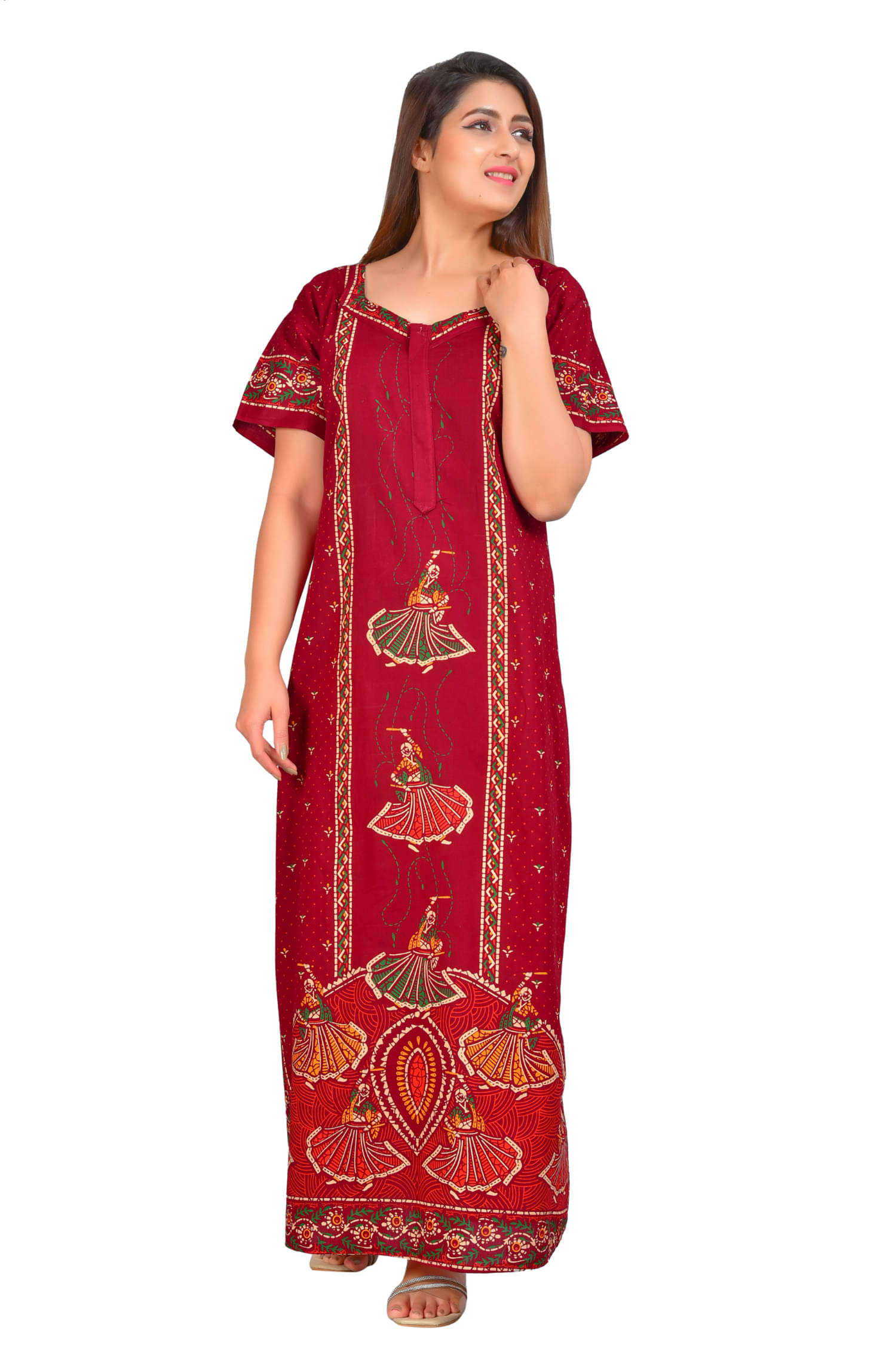     			Red Flamingo Cotton Printed Women Regular Nighty ( Maroon )