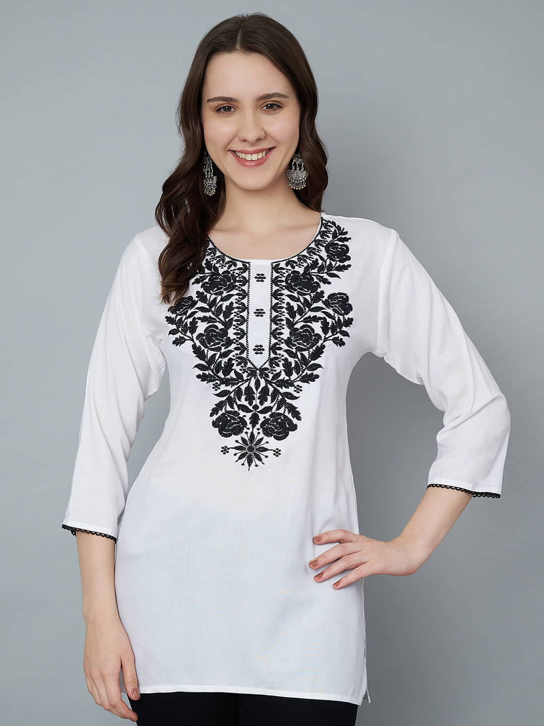 Trend Level Women Viscose Rayon Embroidered Straight Kurti ( White ) Trend Level Women Viscose Rayon Embroidered Straight Kurti ( White )