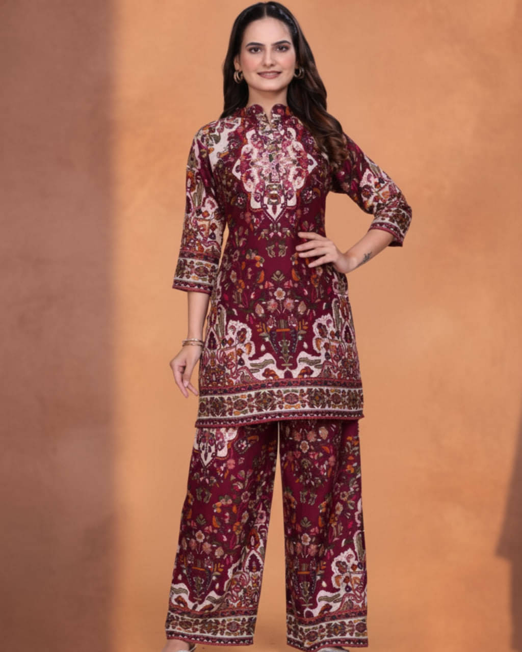     			VANVAAM Women Printed Top With Palazzos Co-Ord Set ( Wine )
