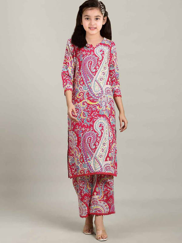     			Vetrokart Girls Cotton Blend Kurti with Pants ( Pack of 1 , Red )