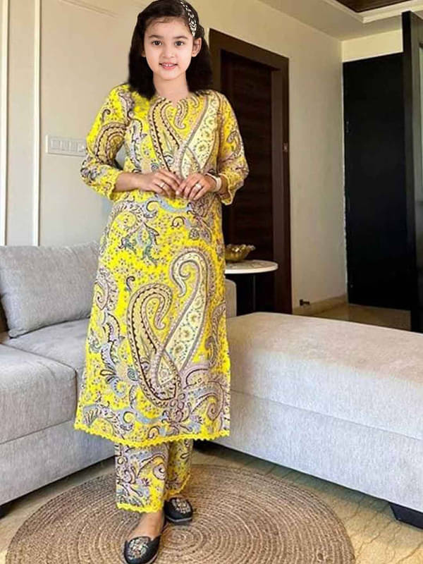     			Vetrokart Girls Cotton Blend Kurti with Pants ( Pack of 1 , Yellow )