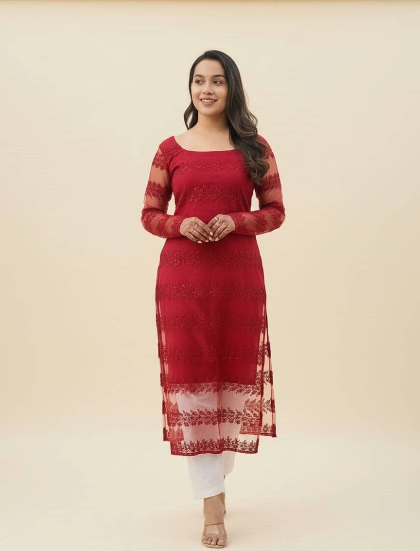 Vivbut creation Women Net Embroidered Straight Kurti ( Red ) Vivbut creation Women Net Embroidered Straight Kurti ( Red )