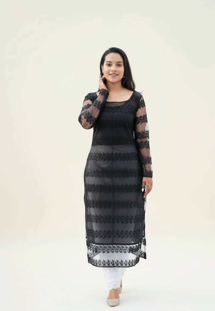 Vivbut creation Women Net Embroidered Straight Kurti ( Black ) Vivbut creation Women Net Embroidered Straight Kurti ( Black )