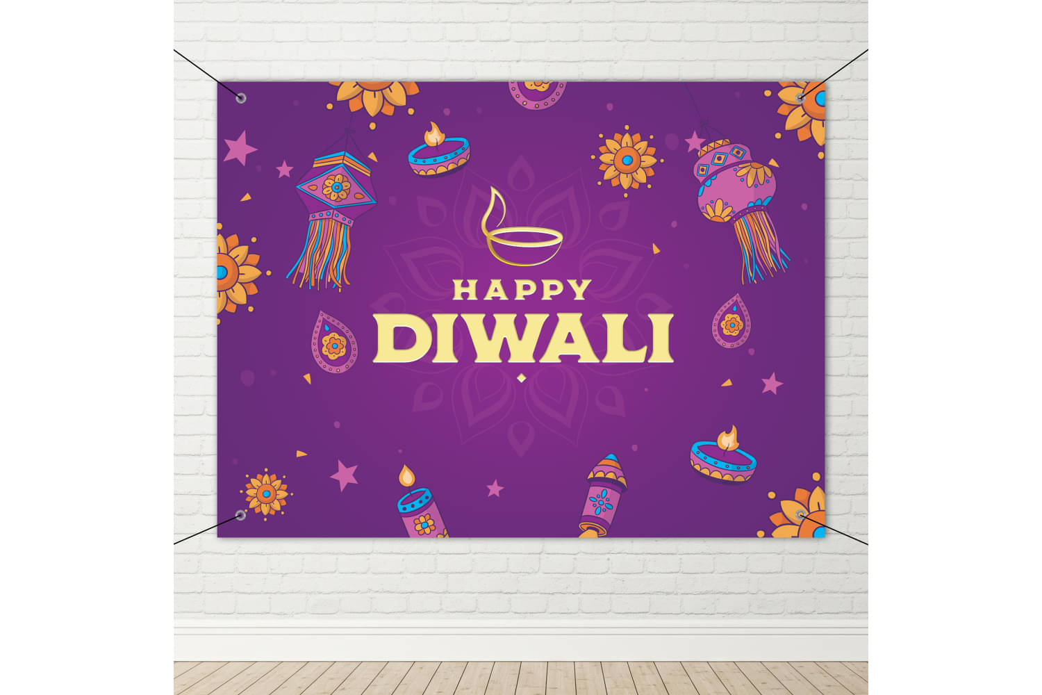     			1iAM Diwali Decoration Flex 4x3ft - "Happy Diwali" Printed Flex Backdrop, Hooks & Ribbon For Backdrop Wall Decor | Perfect For Kali Puja, Deepawali | Traditional Festive Decorative For Celebration
