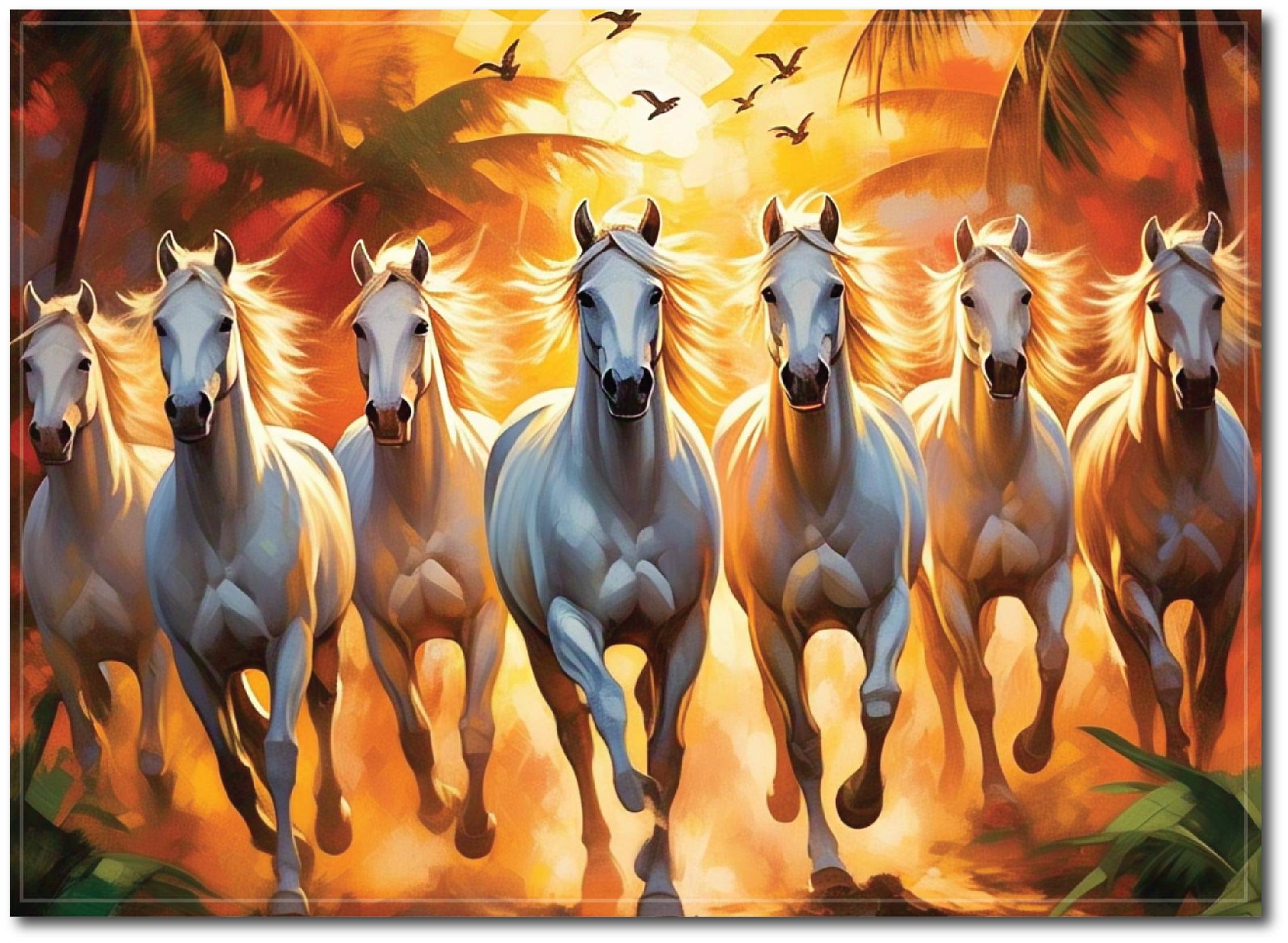7 Horses Vastu Frame I Seven Horses Vastu Wall Art Painting, White Running Horses Vastu with Rising Sun I Wall P 7 Horses Vastu Frame I Seven Horses Vastu Wall Art Painting, White Running Horses Vastu with Rising Sun I Wall P