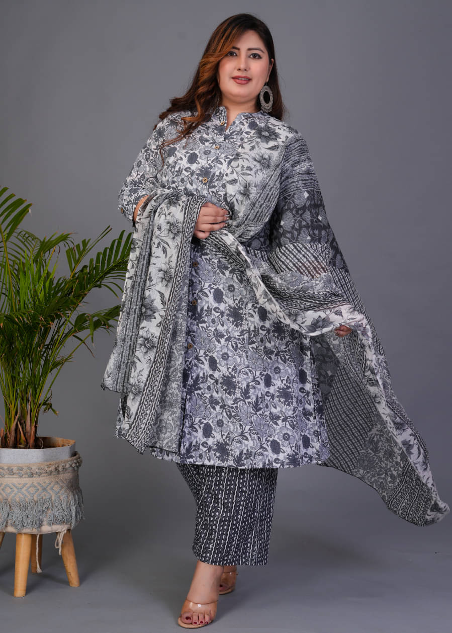     			Avnii Women Cotton Printed A-line Kurti With Pants ( Grey )