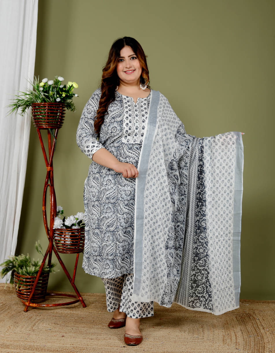 Avnii Women Cotton Printed Straight Kurti With Pants ( Grey ) Avnii Women Cotton Printed Straight Kurti With Pants ( Grey )