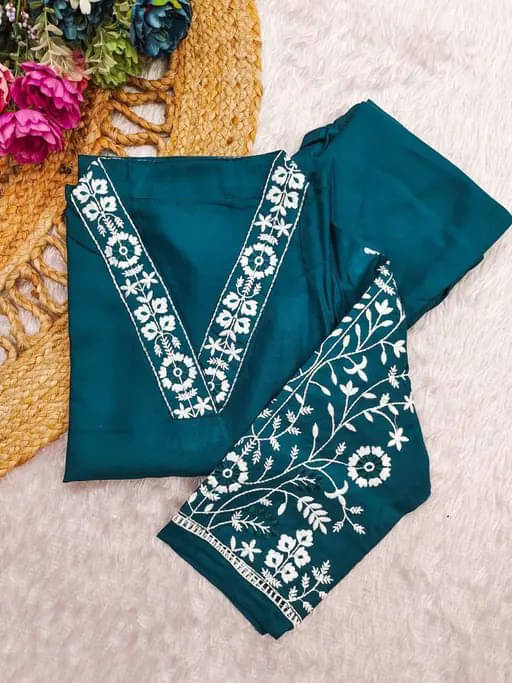 CITYTALK Women Cotton Blend Embroidered Straight Kurti With Pants ( Teal ) CITYTALK Women Cotton Blend Embroidered Straight Kurti With Pants ( Teal )