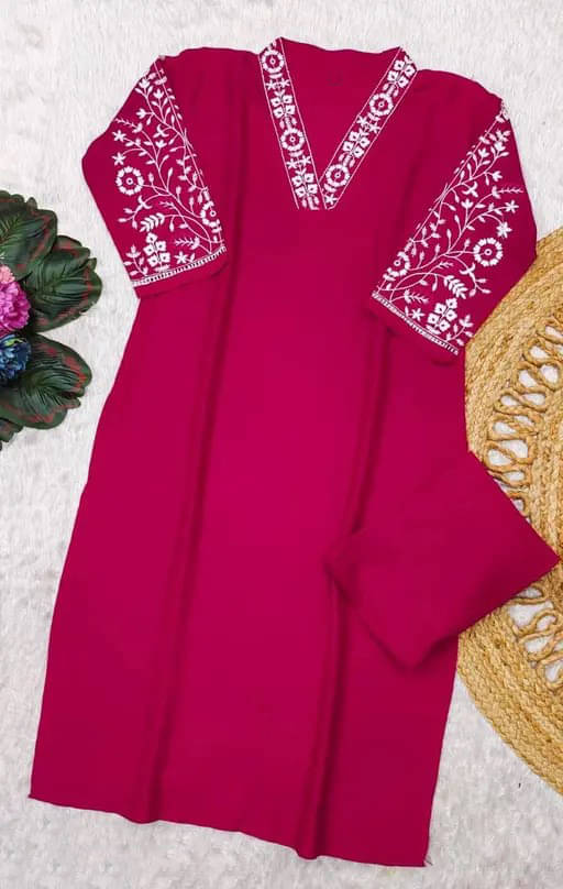 CITYTALK Women Cotton Blend Embroidered Straight Kurti With Pants ( Pink ) CITYTALK Women Cotton Blend Embroidered Straight Kurti With Pants ( Pink )