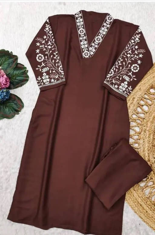 CITYTALK Women Cotton Blend Embroidered Straight Kurti With Pants ( Brown ) CITYTALK Women Cotton Blend Embroidered Straight Kurti With Pants ( Brown )