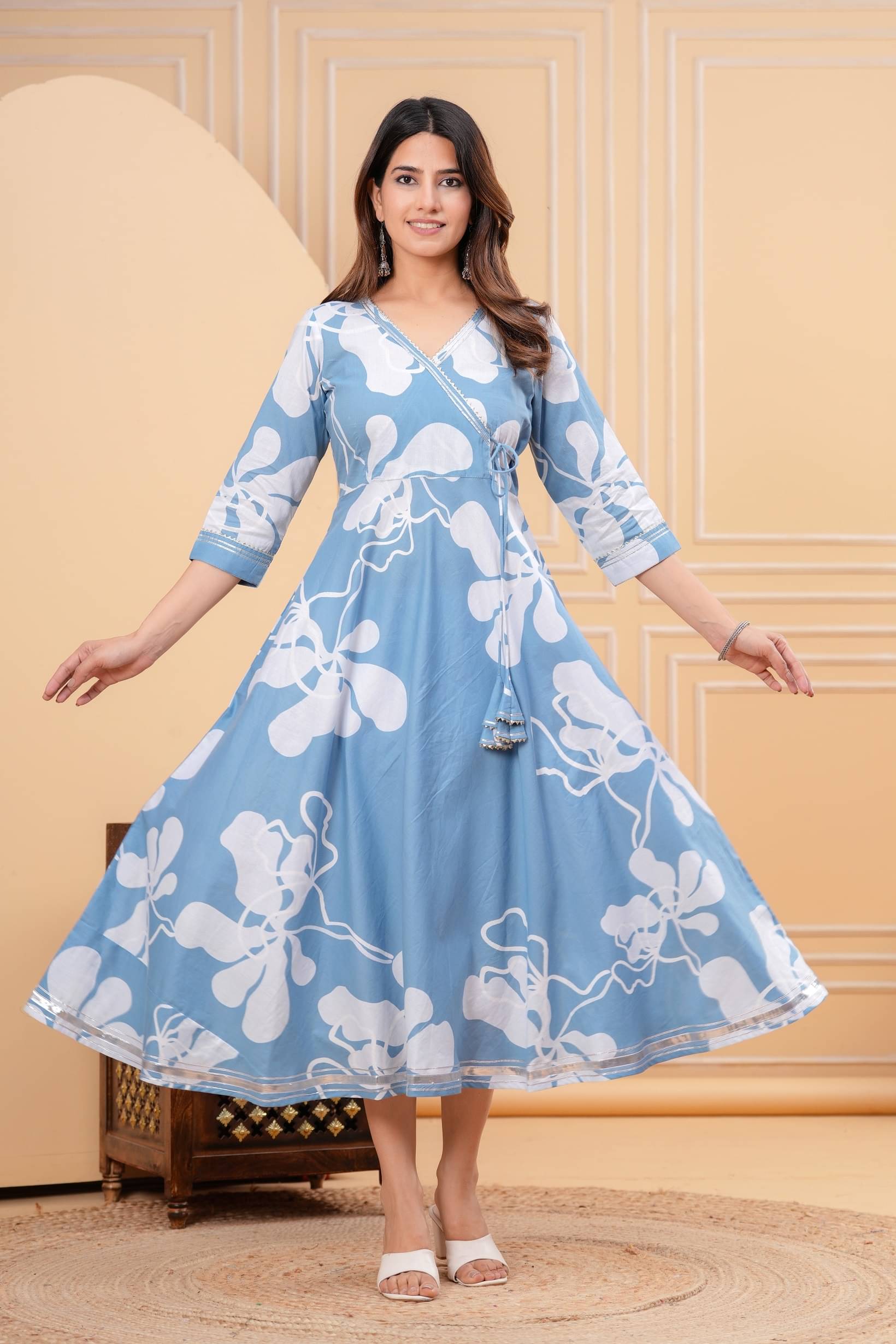 CTMTEX Women Cotton Printed Anarkali Kurti ( Blue )     			CTMTEX Women Cotton Printed Anarkali Kurti ( Blue )