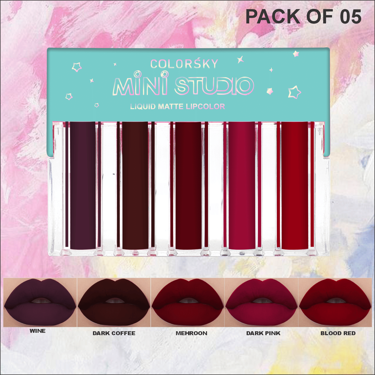     			Color Sky Wine,Coffee,Maroon,Pink Matte Long Lasting Liquid Lipstick ( Pack of 5 )