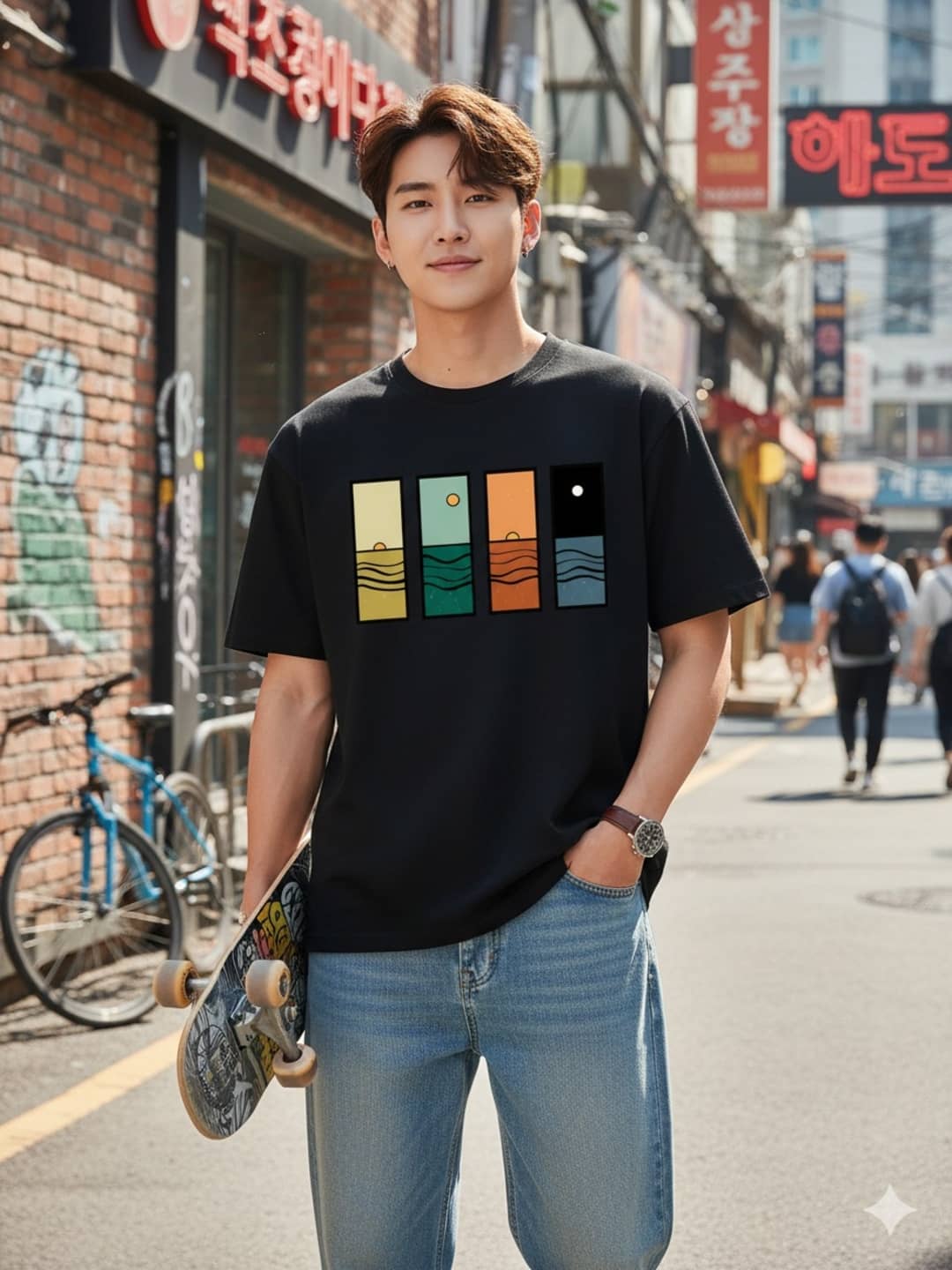 ELBATROSS Men Cotton Blend Oversized Fit Printed T-Shirt ( Black )