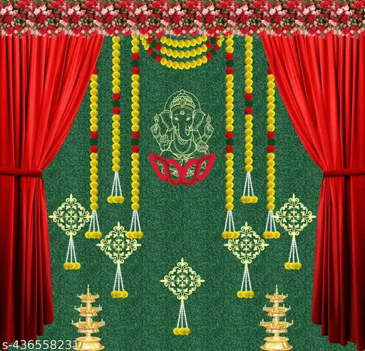     			Festive Backdrop Decorative Curtain Cloth For katha Pooja  Ganesh Chaturthi   (5x5 ft)
