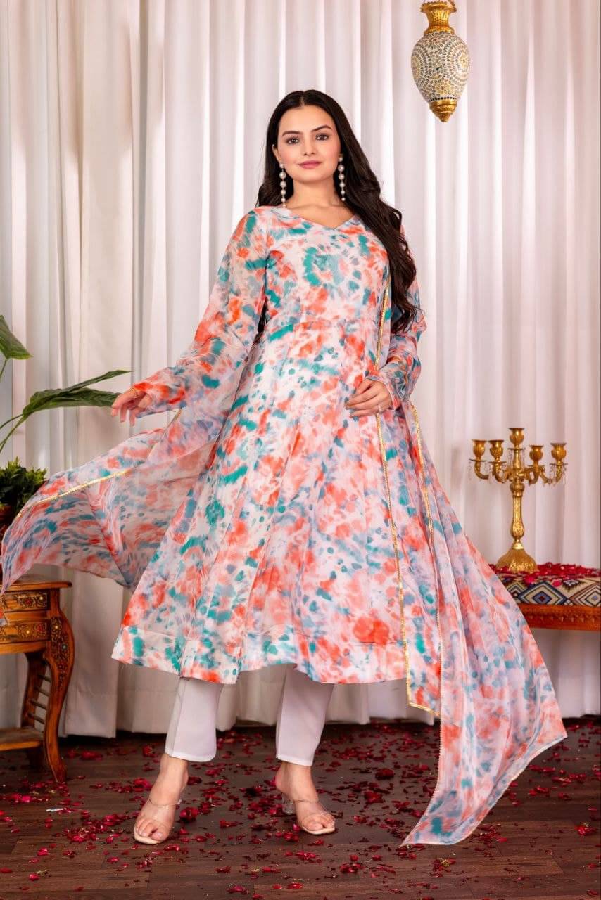 INDIAN SILKS Women Organza Printed Anarkali Kurti With Pants ( Multicolor ) INDIAN SILKS Women Organza Printed Anarkali Kurti With Pants ( Multicolor )