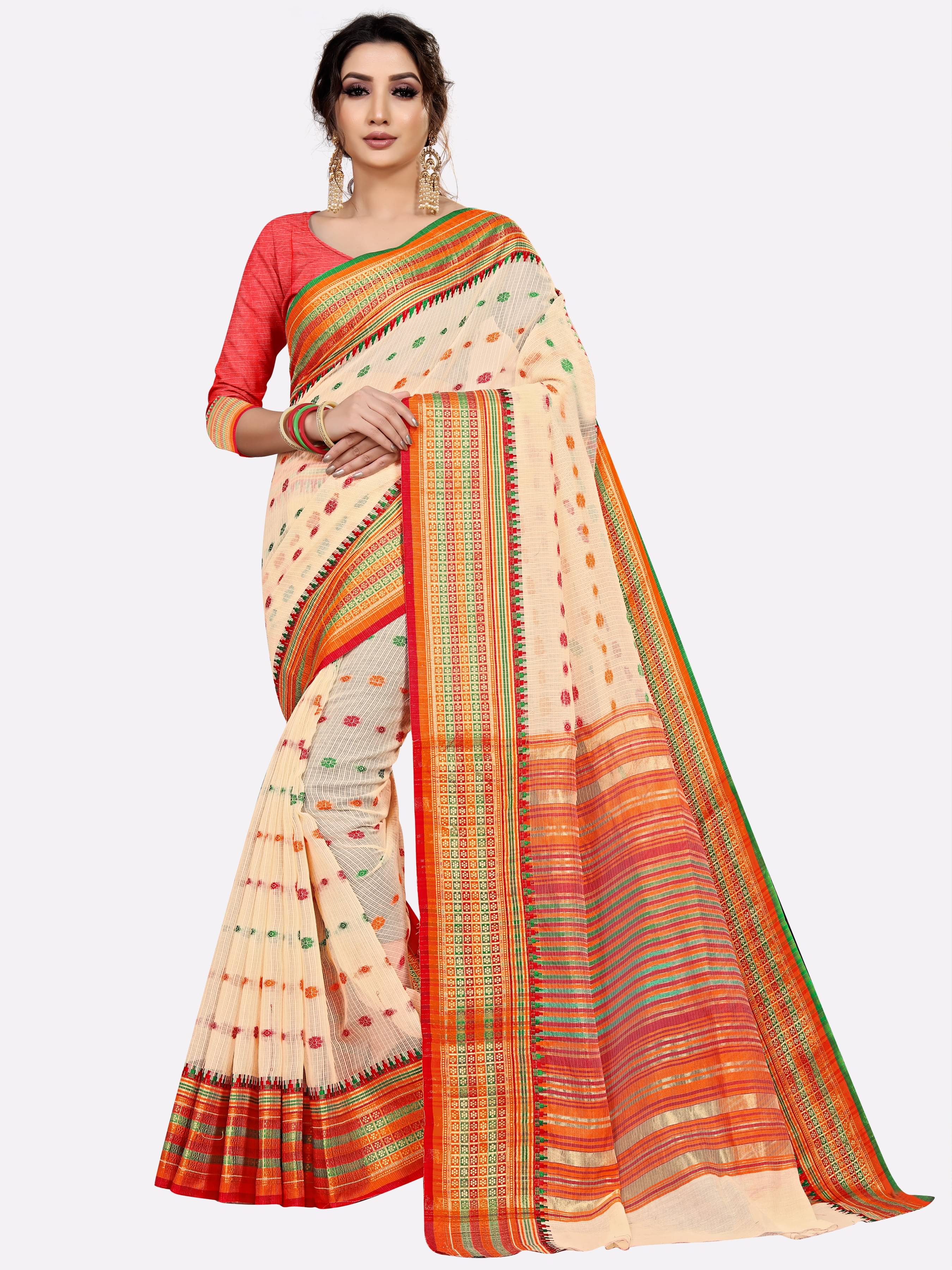 Jagdamba Fashions Cotton Woven Regular Saree With Unstitched Blouse Piece ( Cream ) Jagdamba Fashions Cotton Woven Regular Saree With Unstitched Blouse Piece ( Cream )