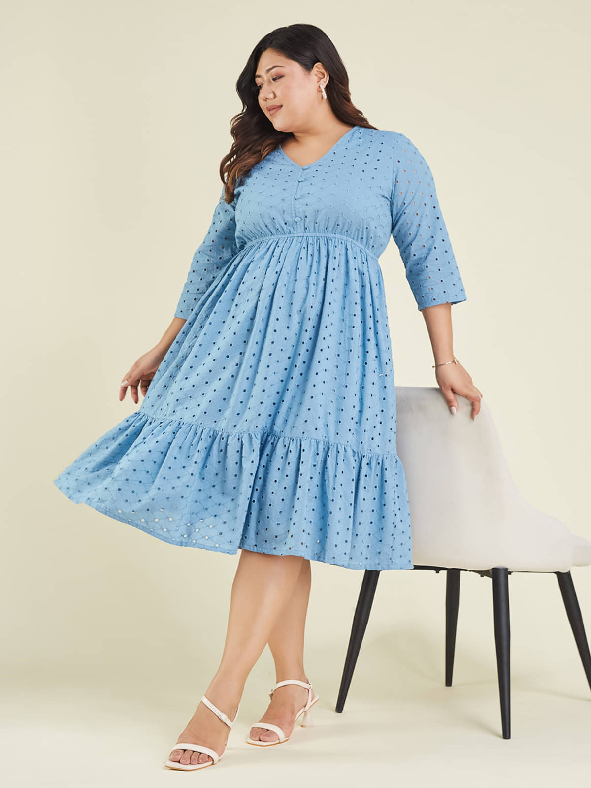 Janasya Women Cotton Embroidered Fit & Flare Dress ( Light Blue ) Janasya Women Cotton Embroidered Fit & Flare Dress ( Light Blue )